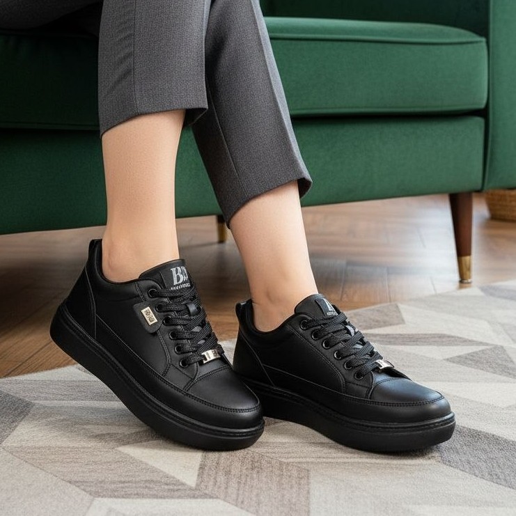 کتونی راحتی طبی زنانه دخترانه سایز 37 تا 40 رنگ مشکی زیره پیو لژ سه و نیم سانتی دور دوخت رویه چرم صنعتی سبک راحت