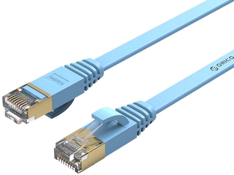 کابل شبکه اوریکو CAT7 تخت مدل PUG-C7b، 15 متری، آبی رنگ، با کانکتورهای طلایی.