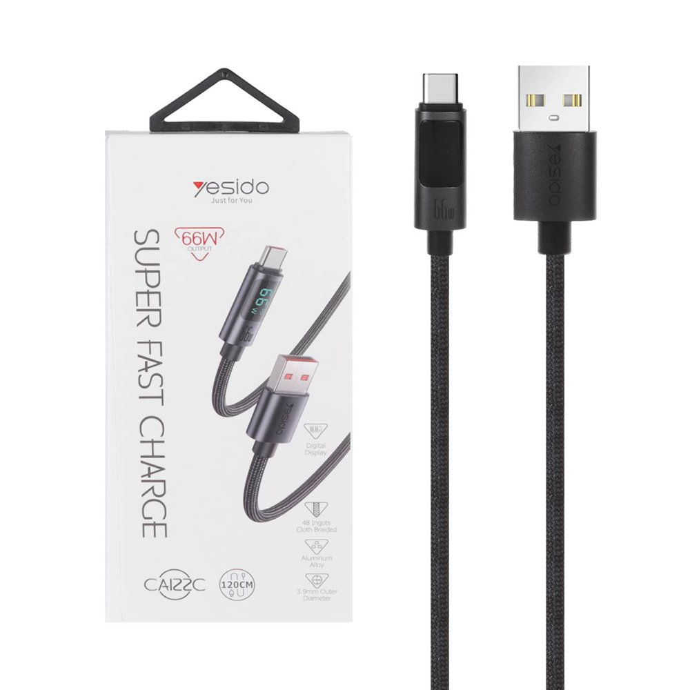 خریدکابل شارژ 1.2 متری فست Yesido Type-C مدل CA122C 66W - مشکی (گارانتی 18 ماه تعویض نیکان همراه)تاپگارد