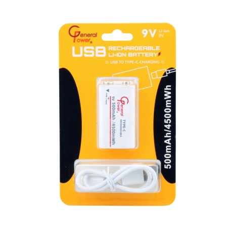 باتری کتابی 9 ولت لیتیوم یون قابل شارژ 500mAh مارک General Power با ورودی Type-C