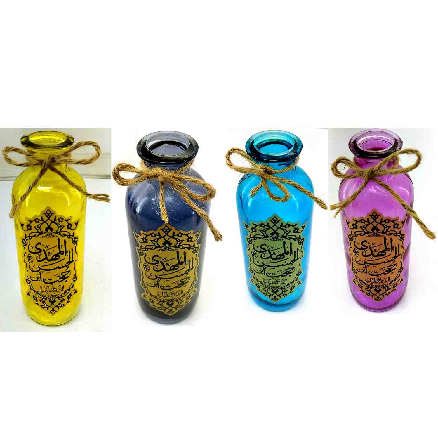 103270-گلدان شیشه ای استوانه ای مذهبی طرحهای مختلف اسامی معصومین در رنگهای مختلف-قطر6 ارتفاع18 سانت
