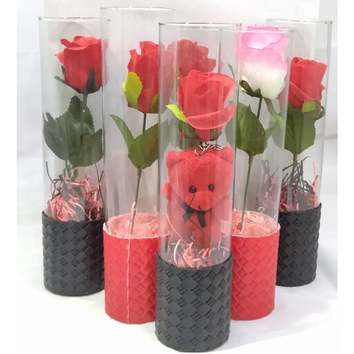 خرید گل رز  قرمز ولنتاین داخل شیشه استوانه ای زیبا 