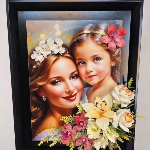 تابلو نقاشی مناسب روز مادر عکس مادر و دختر و گل برجسته لمسی با کیفیت روز زن  30در70