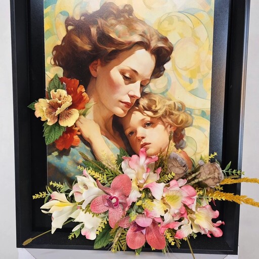 تابلو نقاشی مناسب روز مادر عکس مادر و دختر و گل برجسته لمسی با کیفیت روز زن  30در70