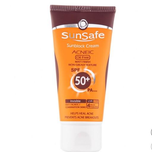 کرم ضد آفتاب سان سیف بی رنگ SPF50 فاقد چربی مناسب پوست چرب و آکنه ای انقضا 1405
