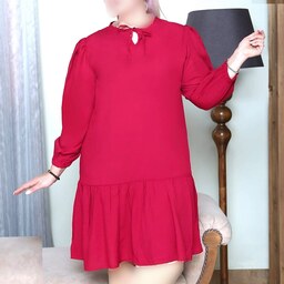 مانتو مجلسی سایز بزرگ  مناسب عید پیراهن عروسکی  قرمز دامن فون آستین پفی سایز بزرگ تونیک شیک عروسکی مانتو  سایز 44 تا 60