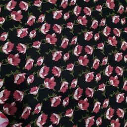 پارچه کرپ حریر گلدار، زمینه مشکی، عرض 150