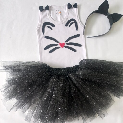 لباس بچگانه مجلسی و دامن توتو پف دار توری مشکی طرح گربه ونزدی برای کودک یک تا دوسال شیک و باکلاس