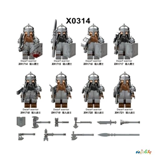 مینی فیگور لگو تکی شخصیت دورفDwarf  سپر دار با دو تبر ریش قهوه ای کد X0314 بدون جعبه ارتفاع 4 سانت 