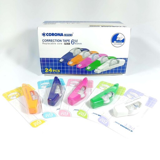 غلط گیر نواری کرونا، مدل تخت، مغزی قابل تعویض، 6 متری، Corona office correction tape، غلطگیر، در پنج رنگ