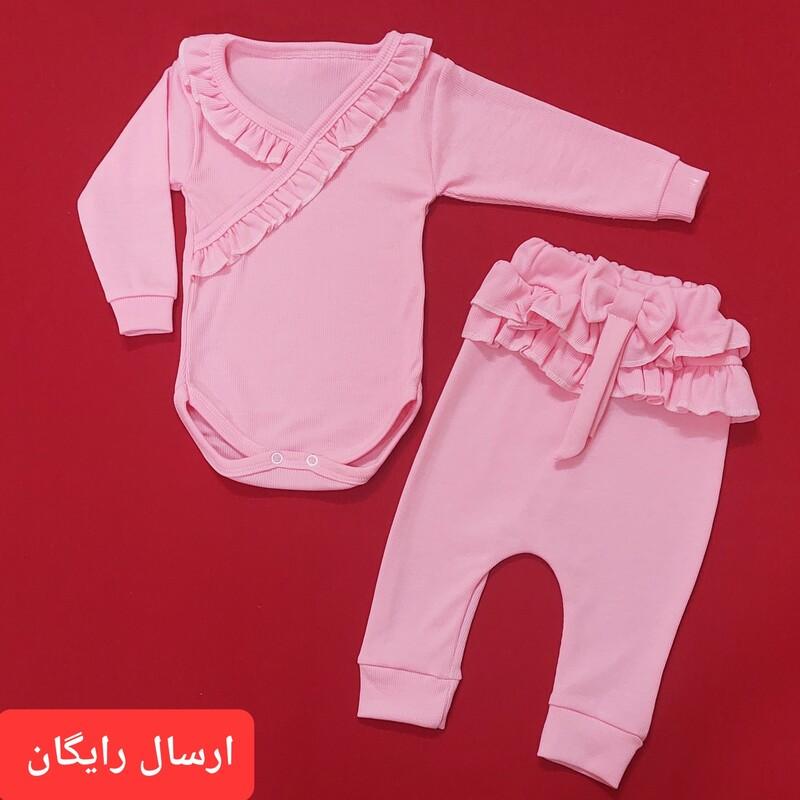 لباس نوزادی دو تکه شیک دخترونه صورتی رنگ ( سایز 1 ، 2 و 3 ) عیدانه با ارسال رایگان به سراسرکشور  