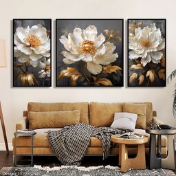 تابلو دکوراتیو گل های سفید سبک نقاشی چاپ شده بر روی کاغذ امولاسیون نقاشی3تیکه سایز ی عدد 50در50 دو عدد 30در50