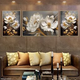 تابلو دکوراتیو مدرن گل های سفید سبک نقاشی چاپ شده بروی کاغذ امولاسیون عکاسی،3تیکه سایز ی عدد 40در60و دو عدد 30در40