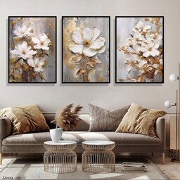 تابلو دکوراتیو سه تیکه گل های لاکچری سبک نقاشی ورق طلا سایز 35در50