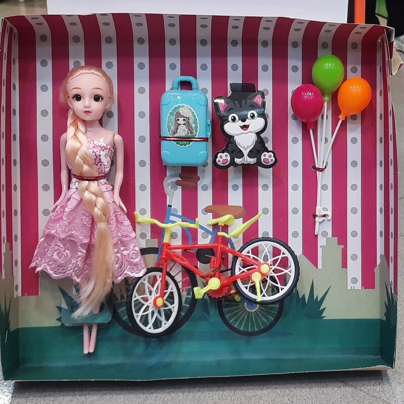 عروسک باربی با وسایل دوچرخه و بادکنک و چمدون اسباب بازی دخترانه کد9009