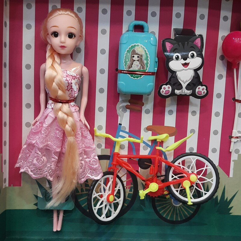 عروسک باربی با وسایل دوچرخه و بادکنک و چمدون اسباب بازی دخترانه کد9009