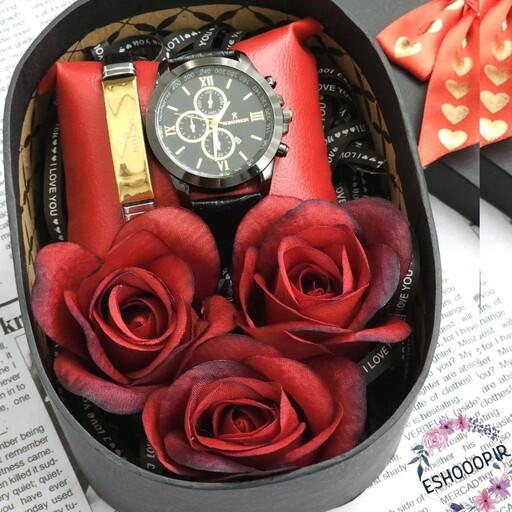 ساعت مردانه رومانسون با دستنبد و جعبه و گل مناسب هدیه روز مرد