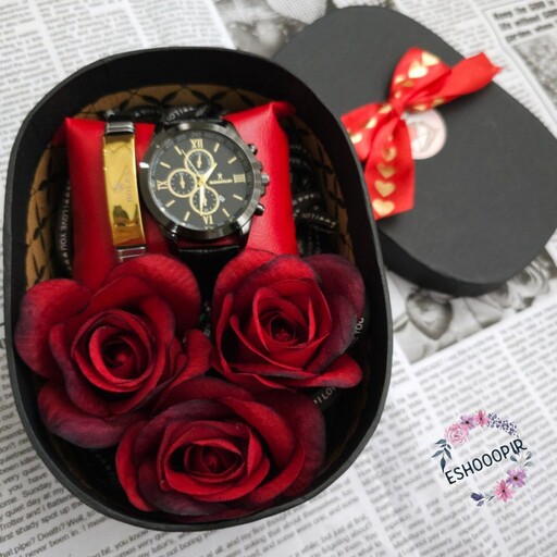 ساعت مردانه رومانسون با دستنبد و جعبه و گل مناسب هدیه روز مرد