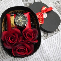 باکس هدیه مردانه شامل ساعت شیک مشکی رومانسون و دستبند بند چرم و گل