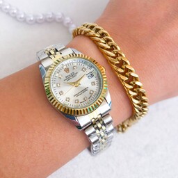  ست ساعت بند دورنگ رولکس دخترانه و دستبند طلایی زیبا