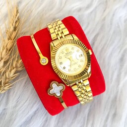 ساعت رولکس زنانه بند استیل طلایی صفحه سفید و دستبند طلایی