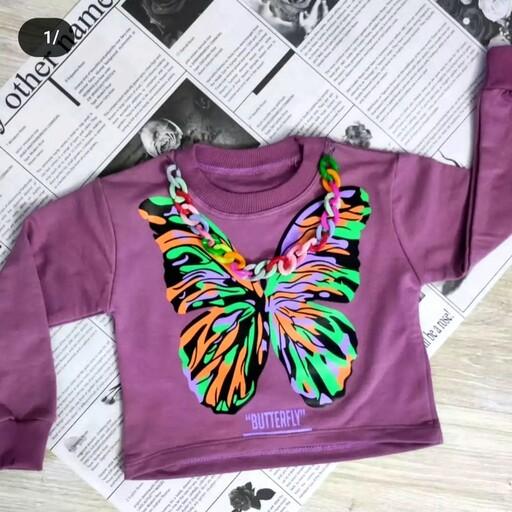 کراپ  دخترونه مدل پروانه همراه با زنجیر شیک ورنگاوارنگ ،تک رنگ به رنگ بنفش یاسی، از جنس پنبه درجه یک  سایز40 تا65