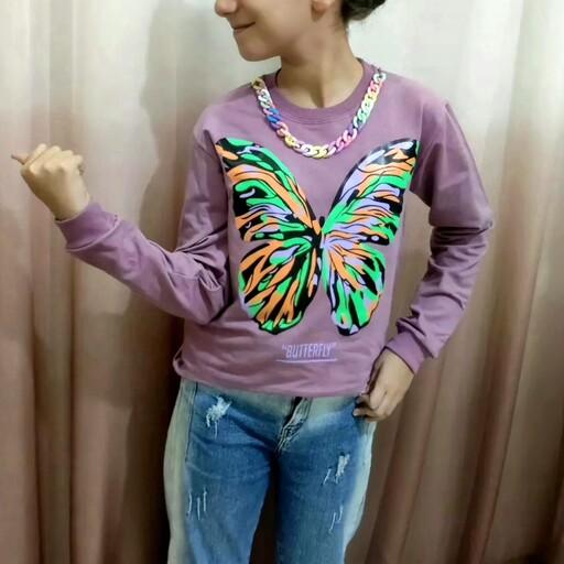 کراپ  دخترونه مدل پروانه همراه با زنجیر شیک ورنگاوارنگ ،تک رنگ به رنگ بنفش یاسی، از جنس پنبه درجه یک  سایز40 تا65