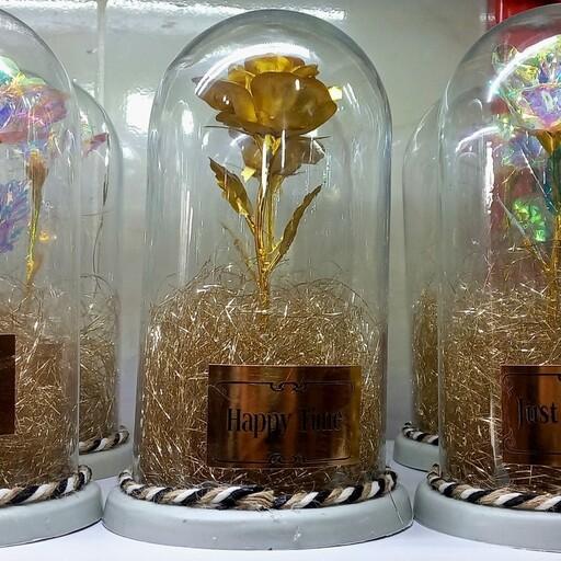 گوی گل هدیه رز طلایی سایز کوچک (گل شیشه ای)(ابعاد 20x10 سانتی متر)