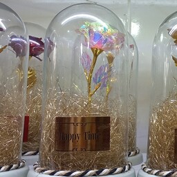 گوی گل هدیه رز هولوگرامی سایز کوچک (گل شیشه ای هفت رنگ)(ابعاد 20x10 سانتی متر)