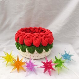 سبد تریکو مدل گل لاله رنگ قرمز سفید سبز تیجه تریکو با کیفیت کفی mdf