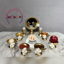 هفت سین  فلزی طلایی همراه آینه و شمعدان