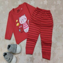 لباس نوزادی وسیسمونی سایز 0تا3 طرح گربه قرمز