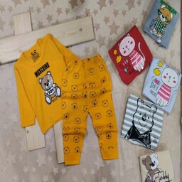 لباس نوزادی و سیسمونی بلوز شلوار  سایز 0تا 3 طرح خرس خردلی