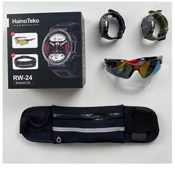 پک ساعت هوشمند برند اصلی مدل HAINO TEKO RW24  به همراه عینک دودی مخصوص و کیف کمری برزنتی  باگارانتی 18 ماهه معتبر