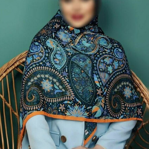 روسری مجلسی سوپر نخ آبی فیروزه ای طرح سنتی بته جقه منگوله دار قواره بزرگ