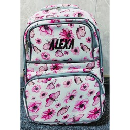 کیف مدرسه ای دخترانه 4 زیپ رنگ سفید طرح گل و پروانه پشتی طبی بند راشل دار و داخل آستردوزی شده جنس خارجی