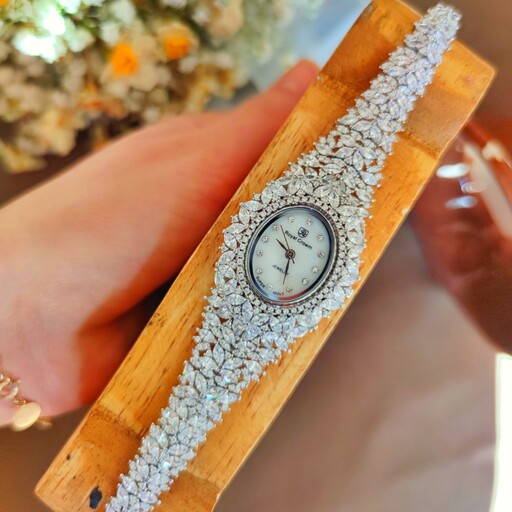 ساعت نقره زنانه شاهکار با روکش طلا سفید و فاکتور معتبر 