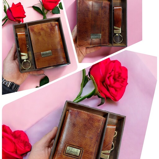 کیف پول و جا کلیدی چرم طبیعی  همراه با جعبه چوبی زیبا مناسب خاص پسندان