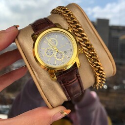 ساعت رومانسون چرم زنانه ، همراه دستبند زنجیری طلایی