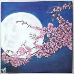 تابلوی نقاشی ماه سورمه ای با گل صورتی با رنگ روغن 