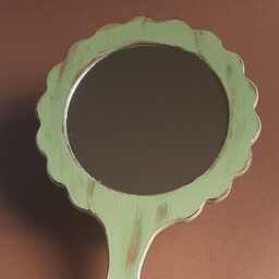 آینه دستی  جنس  ام دی اف نقاشی با دست پتینه سایز 30 سانت سبک مقاوم خوش دست رنگ زمینه سبز