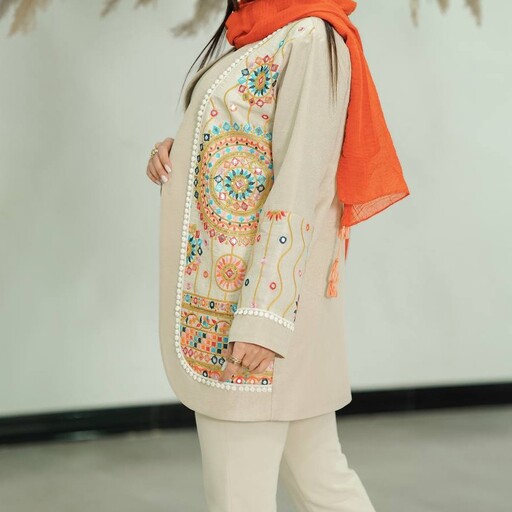 کت کتان لمه خرجکار هندی دندون موشی  پارچه کتان لمه ترکیب با پارچه هندی سوزندوزی  