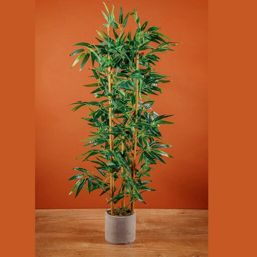 درختچه مصنوعی بامبو وارداتی پر تراکم3 شاخه، برگ لمسی بهترین کیفیت، ارتفاع 150- با گلدان پلاستیکی