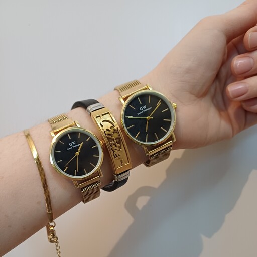 ساعت مردانه  و ساعت  زنانه بند مگنتی  به همراه دستبند چرمی و دستبند زنانه هارگینتون طرح طلا 