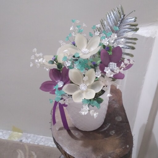 گلدان سفالی کار شده با گل مات کریستال لاله در دو رنگ بنفش ونباتی قابل شستشو 