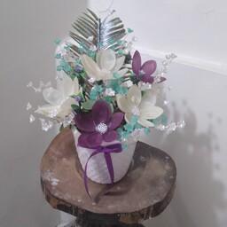 گلدان سفالی کار شده با گل مات کریستال لاله در دو رنگ بنفش ونباتی قابل شستشو 