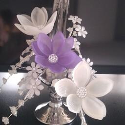 گلدان قو نقره ای  کار شده با گل کریستال لاله مات بزرگ به رنگ نباتی وبنفش قابل شستشو
