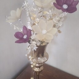 گلدان پایه بلند طلای کار شده با گل کریستال مات لاله نباتی وبنفش قابل شستشو بسیار شیک وسبک