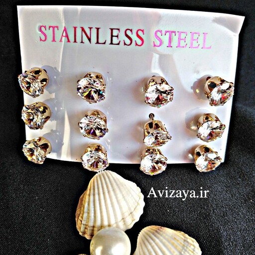 گل گوش گوشواره میخی کریستالی استیل برند STAINLESS STEEL