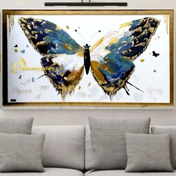 تابلو دست ساز دکوراتیو طرح پروانه کاملا برجسته کارشده با تکسچر و رنگ اکرولیک و ورق طلا  روی بوم به همراه قاب